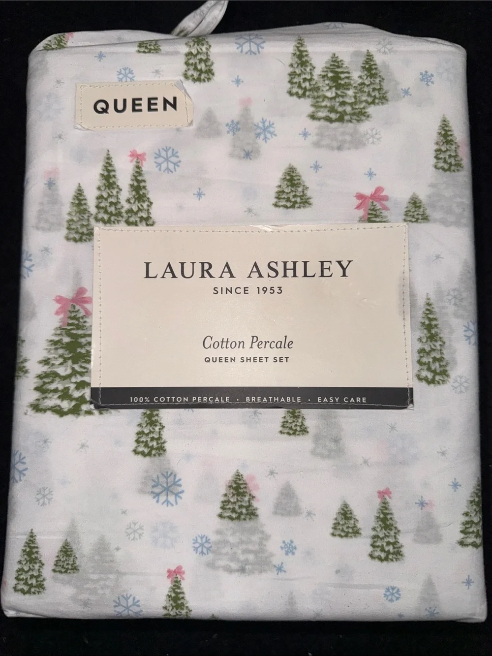 NEW Laura Ashley White CHRISTMAS Tree PINK BOW Print 4 PIECE QUEEN Sheet Set